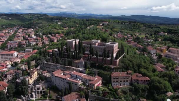 Vista Aérea Castel San Pietro Verona Fortaleza Medieval Cima Colina — Vídeo de stock
