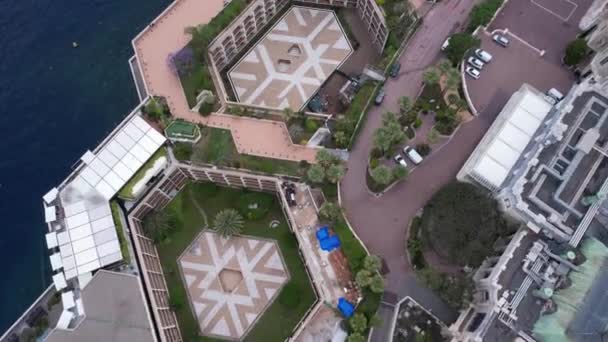 Birds Eye Aerial View Monte Carlo Monaco Waterfront Buildings Park — 图库视频影像