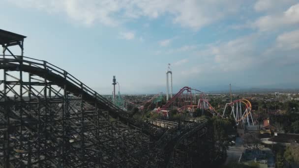 Wide Aerial Footage Amusement Park Roller Coasters — 图库视频影像
