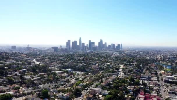 Beautiful Drone Shot Flying Los Angeles California Downtown City Skyline — 비디오