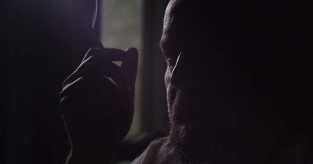 Man Dark Room Smoking Thinking — Stock video