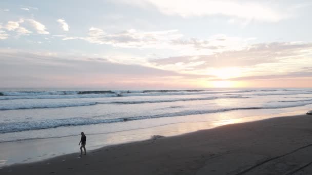Young Woman Walking Dream Beach Tropics Sunset Exiting Frame While — Stockvideo