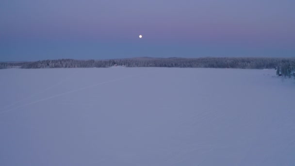 Moonlight Aerial View Flying Beautiful Snowy Scandinavian Landscape Dusk Pine — Stock videók