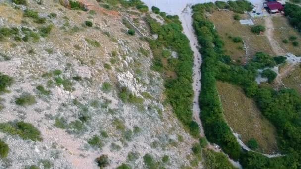 Aerial View Oprna Bay Beach Umbrellas Krk Island Croatia Tilt — Wideo stockowe