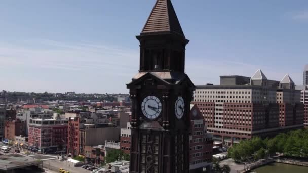 Close Lackawana Bell Tower Hoboken Terminal New Jersey Usa Orbiting — Stockvideo