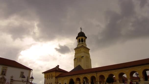 Establishing Shot Church Crowd People Walking Infront Alba Iulia Citadel — Video