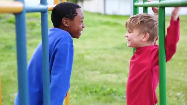 Interracial Boys Talk Laugh Have Fun Playground — Video Stock