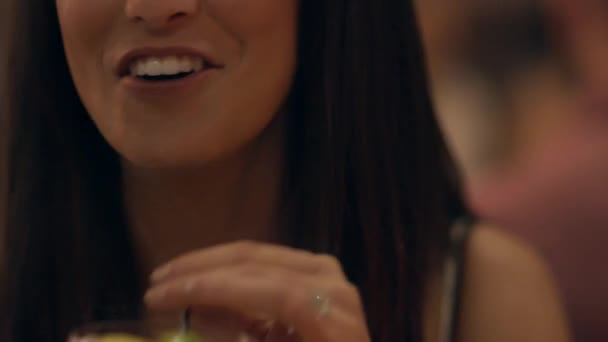 Closeup Pretty Party Girl Holding Cocktail Laughing She Talks Friends — Vídeo de Stock