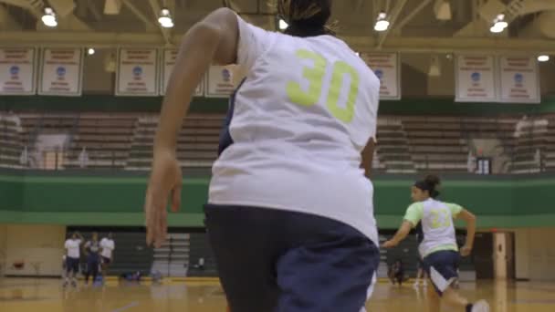 Woman Basketball Player Runs Court Dribbling Ball Basket Players Watching — стоковое видео