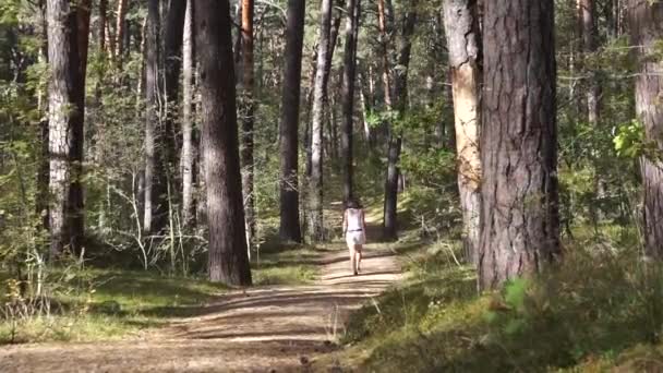 Girl Walking Forest Autumn Forest — Stockvideo