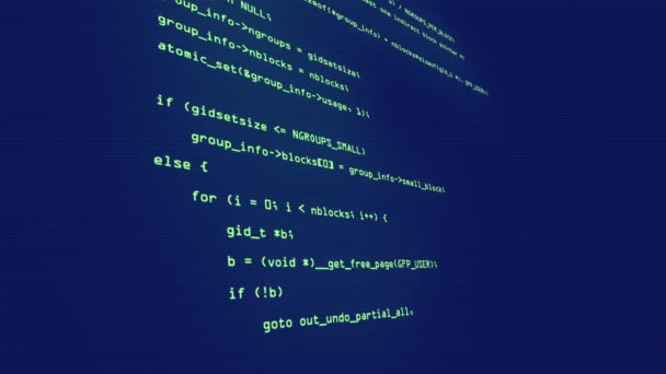緑色の文字を持つソフトウェアソースコード部品からのサイドビュー ターミナルで実行されているプログラミングコード — ストック動画