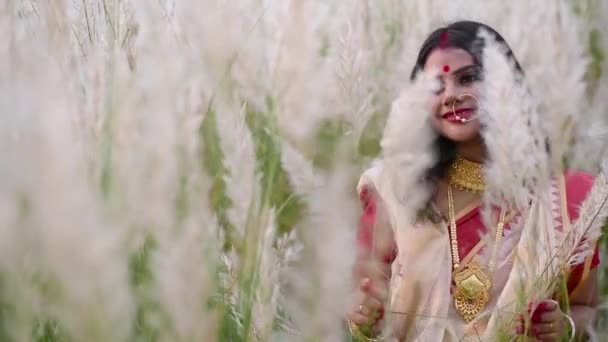 Happy Playful Married Indian Bengali Woman Wearing Saree Plays Long — Stock videók