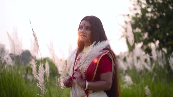 Beautiful Thoughtful Indian Woman Happy Thinking Something Calm Way Field — Stock video