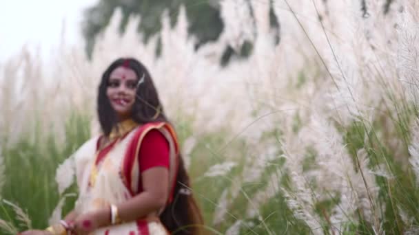 Playful Innocent Indian Bengali Woman Wearing Saree Plays Long White — стоковое видео