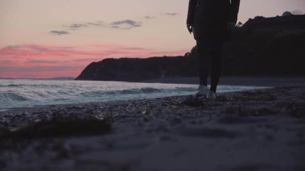 Slow Motion Legs Shot Girl Walking Beach Sunset Sea Waves — Wideo stockowe