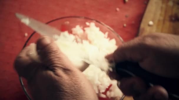 Hands Close Cutting Onion Small Pieces Make Salad — Stok video