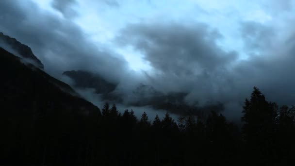 Time Lapse Clouds Mountain Peak Dramatic Stormy Sky Forest Foreground — Wideo stockowe