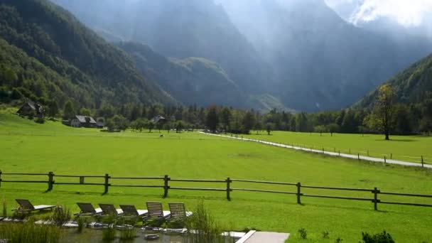 Panoramic View Logarska Valley Slovenia Green Meadows Forest High Mountains — Stock video