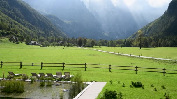 Panoramic View Logarska Valley Slovenia Green Meadows Forest High Mountains — Stock video