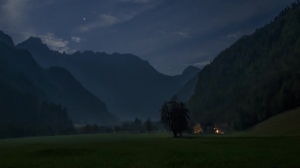 Timelapse Alpine Valley Night Full Moon Illuminated Farmhouse Cottage Full — Stock video