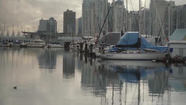 Wide Tilting Shot Calm Coal Harbour Downtown Vancouver Cloudy Day — ストック動画