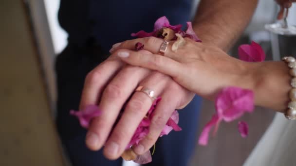 Slow Motion Close Bride Groom Holding Hands Weddings Rings Falling — Stok video