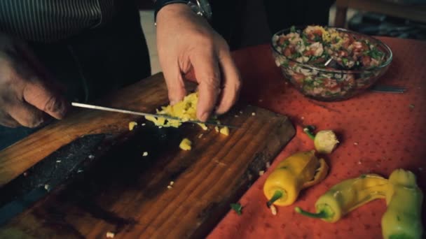 Close Chef Hands Adding Green Pepper Salad — Stock video