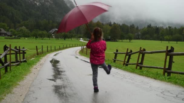 Маленька Дівчинка Парасолькою Грайливо Йде Дощем Сільській Дорозі Фермерський Будинок — стокове відео