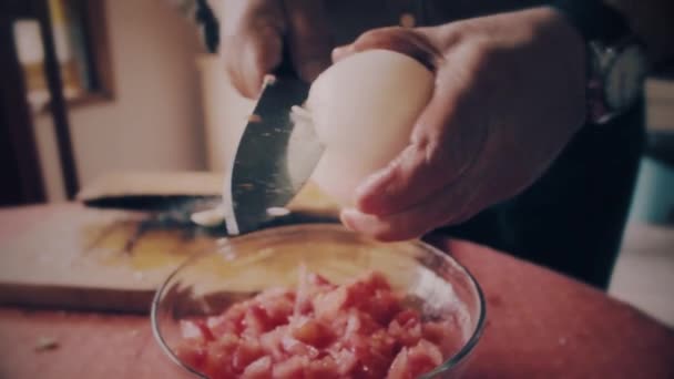 Hands Close Cutting Onion Small Pieces Make Salad — Vídeos de Stock