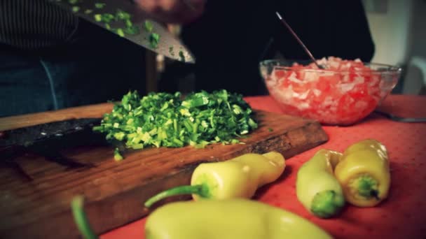 Close Chef Cutting Coriander Cutting Board Add Salad — Vídeos de Stock