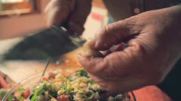 Hands Close Using Knife Cut Garlic Very Small Pieces Add — Vídeos de Stock