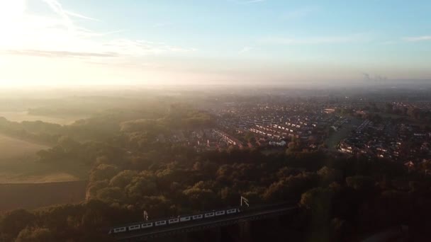 Static Aerial Looking Out Countryside Train Moving Bridge Left Right — Stockvideo