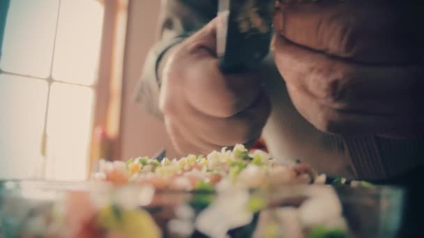 Hands Close Using Knife Cut Garlic Very Small Pieces Add — Vídeos de Stock
