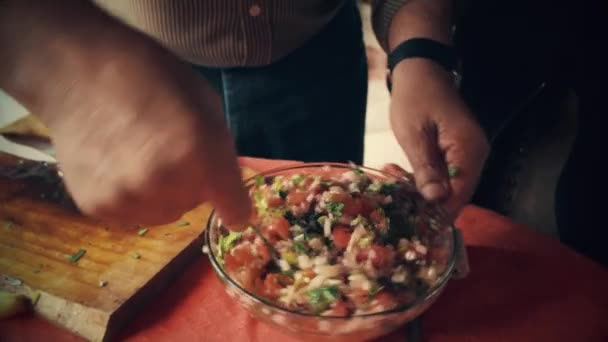 Chef Mixing All Vegetables Spoon Bowl — Vídeos de Stock