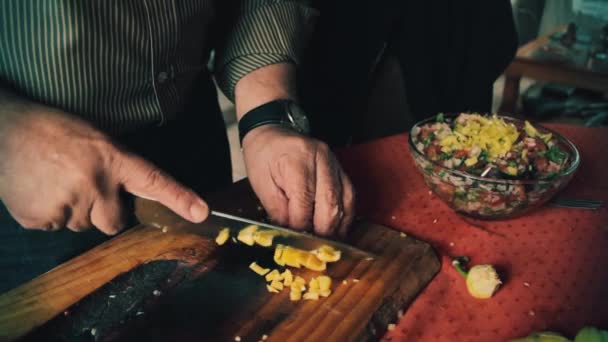 Close Chef Hands Adding Green Pepper Salad — Vídeo de stock