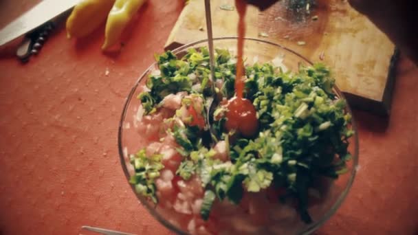 Shot Top Chef Hands Mixing All Vegetables Spoon Bowl — Vídeo de stock
