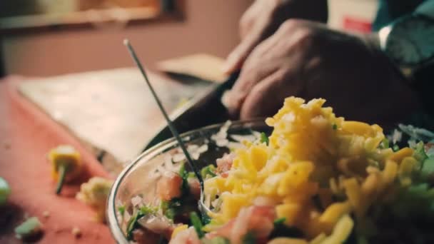 Close Chef Hands Cutting Adding Vegetables Salad — Vídeo de stock
