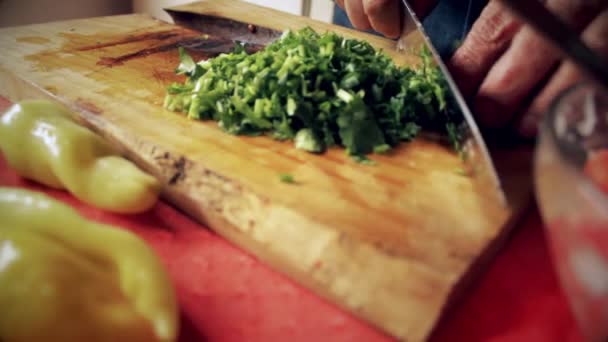 Close Chef Cutting Coriander Cutting Board Add Salad — Vídeos de Stock