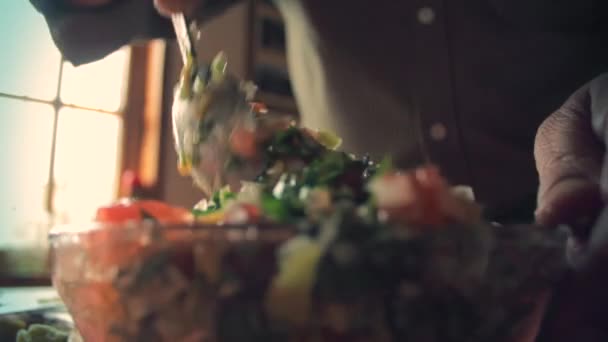 Shot Bottom Chef Hands Mixing All Vegetables Spoon Bowl — Video Stock