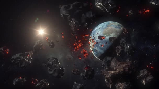 Realistic Space View Asteroids Meteors Coming Earth Destruction Collision Sun — Stock Video