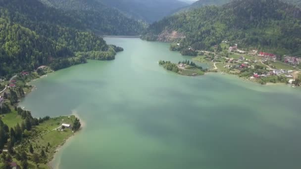 Aerial Panning Shot Lake Reservoir Water Valley — Stock video