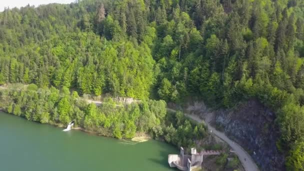 Aerial Downwards Tiro Estrada Lado Lago Reservatório Com Árvores Lado — Vídeo de Stock