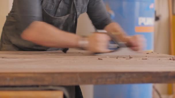 Craftsman Woodworker Using Planer Make Custom Wood Table Top Smooth — Stock video