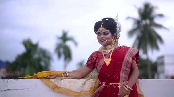 Happy Indian Bride Smiling Relaxing Outdoor Cloudy Evening — Stok video