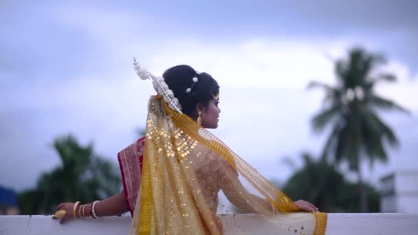 Sad Upset Indian Bengali Bride Looking Dark Cloudy Sky Monsoon — Stock video