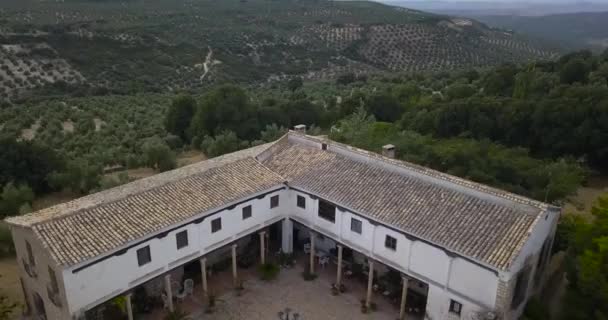 Αεροφωτογραφία Παραδοσιακού Ισπανικού Εξοχικού Σπιτιού Περιτριγυρισμένο Από Ελιές — Αρχείο Βίντεο
