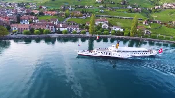Ατμόπλοιο Belle Epoque Στη Λίμνη Lman Ελβετία Μπροστά Από Cully — Αρχείο Βίντεο
