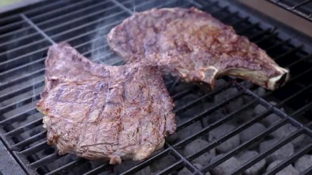 Zoom View Two Delicious Steaks Sizzling Barbecue — Αρχείο Βίντεο