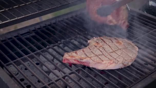 Grilling Steaks Hot Charcoal Barbecue — Wideo stockowe