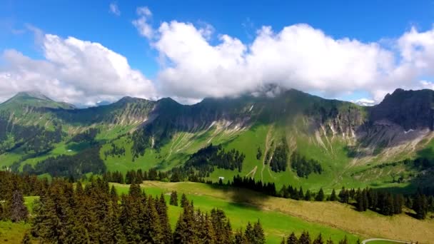Aerial Shot Alpine Landscape Switzerland Spring Forest Alpages Summits Background — Vídeo de stock